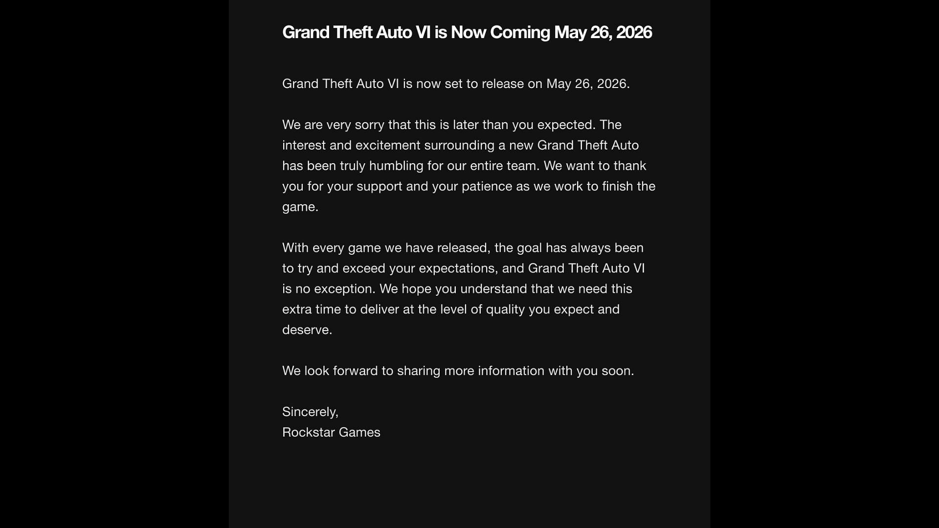 Grand Theft Auto 6's delay announcement (Image via Rockstar Games)